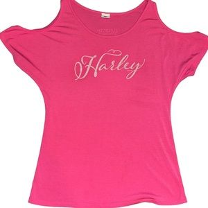 HARLEY DAVIDSON Cold Shoulder Cut Out Shoulder Short Sleeve Pink Tee Shirt Small